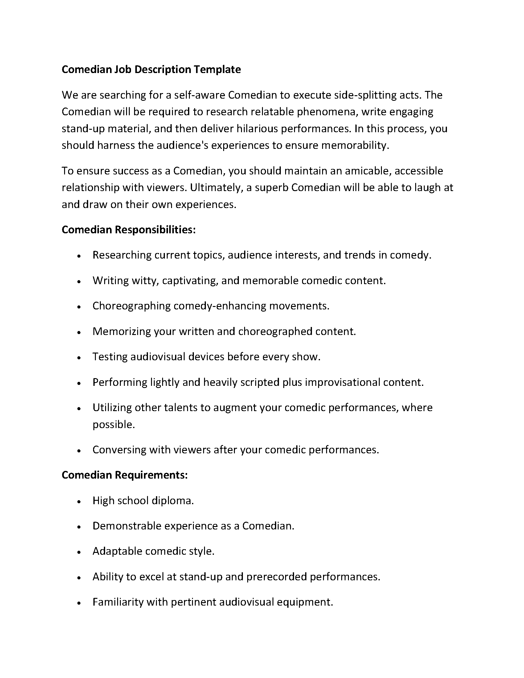 Comedian Job Description Template